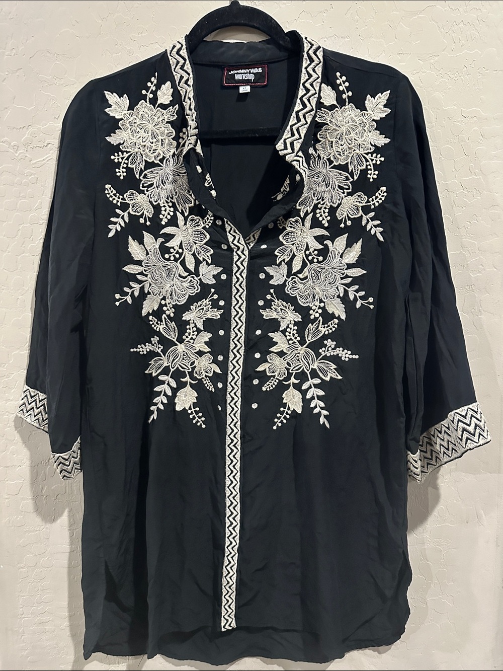 Johnny Was Black Tunic with White Floral Embroidery